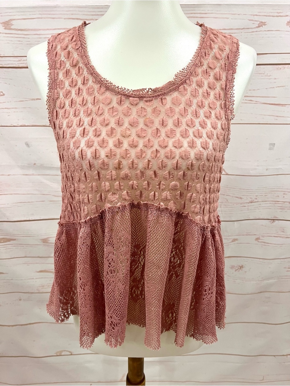 Free People Rose Sheer Polka Dot Lace Babydoll Peplum Tank Top